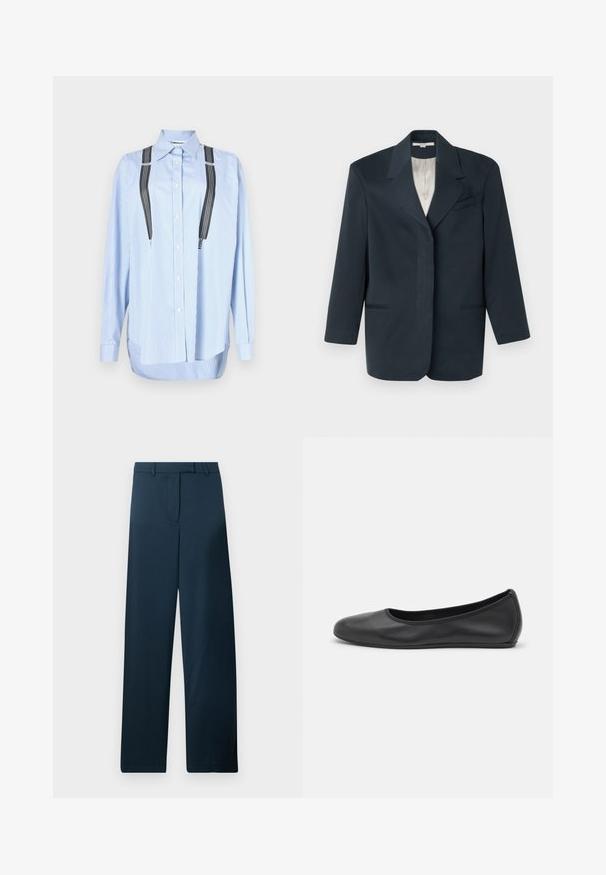 Blazer navy con rever a losanga, tasca singola sul petto, due tasche frontali e fodera interna liscia. Vestibilità strutturata con maniche lunghe.; Camicia a righe blu e bianche con colletto appuntito, maniche lunghe e bretelle nere attaccate con righe verticali.; Pantaloni a gamba larga blu navy con una texture liscia, fronte piatto e passanti per la cintura. Presentano un design minimalista e nessun motivo o dettaglio visibile.; Pantofole da balletto nere in pelle con punta arrotondata, texture liscia, dettagli di cucitura minimi e design con suola flessibile.