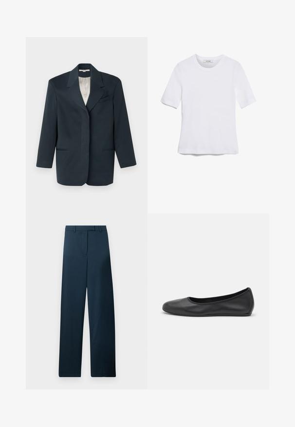 Marineblazer met een notch-lapelle, een enkele borstzak, twee voorzakken en een gladde binnenvoering. Gestructureerde pasvorm met lange mouwen.; Witte korte mouwen t-shirt van ribstof. Ronde halslijn, normale pasvorm en subtiele stiksels. Geen patronen of grafische elementen.; Marineblauwe wijde broek met een zachte textuur, een vlakke voorkant en een riemlus. Kenmerkt zich door een minimalistisch ontwerp zonder zichtbare patronen of accenten.; Zwarte leren ballerina met een ronde neus, gladde textuur, minimale stikdetails en een flexibele zoolontwerp.