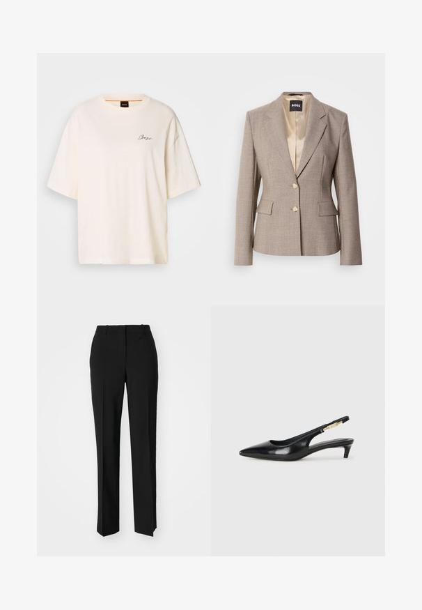 Kerged helepruun ülikondjakk, millel on sile satiinvooder, kaks esikotti ja kaks beeži nööpi sulgemiseks.; Valge üle mõõtme T-särk pehmest kangast, ümarate kaelustega ja lühikeste varrukatega, esiküljel väike must "Boss" logo.; Mustad ja sirged püksid, millel on sile tekstuur ja teravad voldid esiosas. Ilma nähtavate detailideta.; Mustad nahast slingback kontsad terava ninaga, millel on õhuke konts ja kuldse tooni aktsent reguleeritaval rihmal. Sile tekstuur.