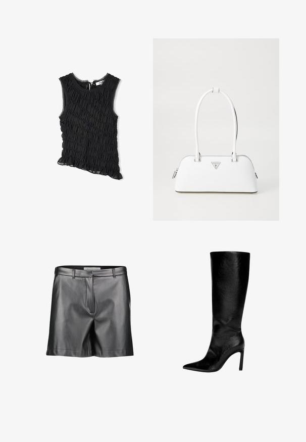 Überprüfter Blazer in Hellbraun und Schwarz, einreihiger Verschluss, Schalkragen, strukturierte Schultern, kombiniert mit hellblauen Jeans.; Schwarzes ärmelloses Top mit gerüschter Textur, Fransenabschluss und asymmetrischem Schnitt. Verstellbarer Rückenbindverschluss. Leichter Stoff.; Schwarze Lederhosen mit glatter Textur, tailliertem Design, Gürtelschlaufen und frontalen Taschen. Sie verfügen über einen geraden Saum und minimalistische Nahtdetails.; Knöchelhoher schwarzer Lederstiefel mit spitzem Zeh, hohem Stöckelabsatz, glatter Oberfläche und einem einfachen, eleganten Design ohne Verzierungen.; Weiße Lederhandtasche mit geschwungener Form, versehen mit einem silbernen dreieckigen Logo und einem Reißverschluss. Glatte Textur und zwei Griffe.