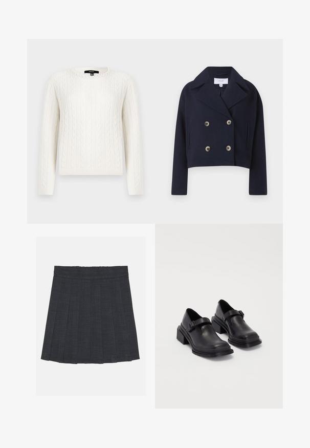 Navy cropped double-breasted jacket with a collar, featuring two front pockets and brass buttons, made from a soft fabric.; White cable-knit sweater featuring long sleeves, a round neckline, and a decorative pearl accent at the collar. Soft texture and fitted design.; Dark gray pleated skirt with an elastic waistband, featuring a textured fabric and a classic A-line silhouette. Suitable for casual wear.; Black leather shoes with a rounded toe, flat sole, and a strap with a buckle detail. Chunky block heel for added stability.