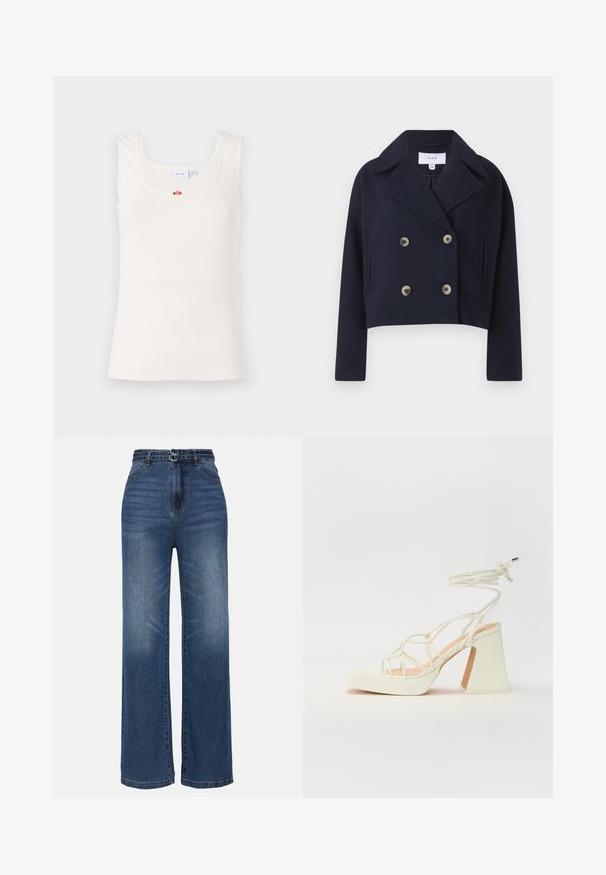 Jachetă scurtă bleumarin, cu guler, cu două rânduri de nasturi și două buzunare frontale, confecționată dintr-un material moale.; Top alb cu model striat, cu decolteu pătrat și bretele înguste. Prezintă un mic accent floral în centrul pieptului.; Jeans din denim albastru cu pantaloni largi și talie înaltă, prezentând două accente cu catarame metalice, decolorare subtilă și un design standard cu cinci buzunare.; Sandale albe cu toc înalt și gros, cu un design cu curele și legătură la gleznă. Textură netedă, cu o platformă frontală pentru înălțime suplimentară.