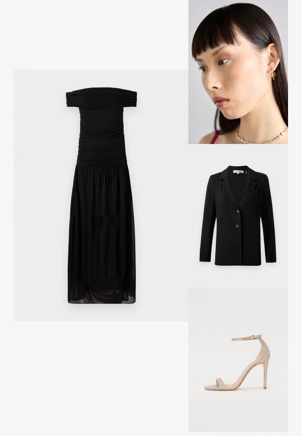 Juodas švarkas su įpjovimu ant apykaklės, dviem priekiniais mygtukais ir pritaikytais siūlais. Pagamintas iš lygaus audinio, su ilgomis rankovėmis ir struktūruotu siluetu.; Juoda su nėriniu nusmukusi suknelė, pagaminta iš švelnios medžiagos, su raukinių detalėmis ties liemeniu ir laisvėjančia, susiraukšlėjusia sijona, užtikrinanti komfortą.; Metaliniu rožiniu auksu padabinti aukštakulniai sandalai su dirželiais, turintys tekstūruotą viršutinę dalį, atvirą pirštą ir kulkšnies dirželį su auksiniu sagtimi.; Auksinė įvorės auskaras, dėvimas dešinėje ausyje, su atviru dizainu. Modelis turi tiesius tamsius plaukus ir minimalų makiažą.