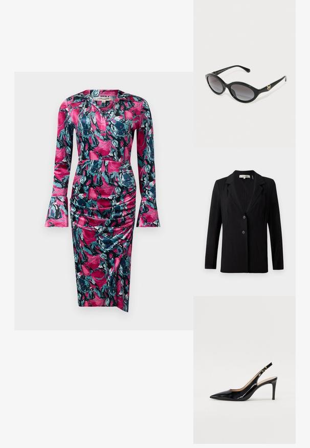 Black blazer featuring a notched collar, two front buttons, and tailored seams. Made of smooth fabric with long sleeves and a structured fit.; Diane von Furstenberg ZANE DRESS - Cocktail dress / Party dress - indian pink; Black patent leather slingback pump with pointed toe, slim heel, and a subtle cutout design. Features a gold buckle on the strap.; Black cat-eye sunglasses with gradient gray lenses. Features shiny plastic frames and gold-tone logo accent on the temple.; Silver leather crossbody bag with a textured finish, chain and strap accents, and a zipper closure. Features a logo on the front.