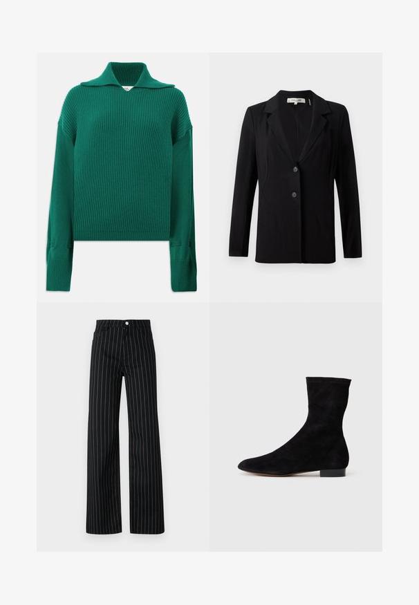 Svart blazer med notch-krage, två framknappar och skräddarsydda sömmar. Tillverkad av ett slätt material med långa ärmar och en strukturerad passform.; Grön ribbad stickad tröja med vid krage, långa ärmar och sidoplyster. Har en strukturerad yta och avslappnad passform.; Svart vida byxor med vertikala blå smalrandiga ränder, med en klassisk femfickdesign och ett framknäpp.; Svart mocka ankelboots med en åtsittande skaft, spetsig tå och låg blockklack. Slät yta och minimalistisk design, lämplig för mångsidig styling.