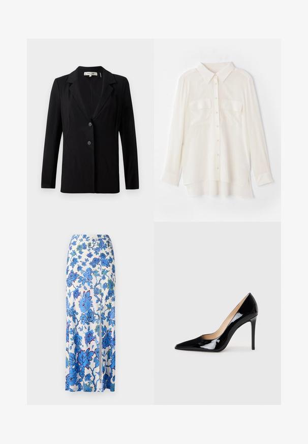 Black blazer featuring a notched collar, two front buttons, and tailored seams. Made of smooth fabric with long sleeves and a structured fit.; White button-up shirt made of lightweight fabric. Features a classic collar, two chest pockets, and a slightly longer back hem.; Maxi skirt in white fabric with blue floral pattern. Features a side slit and a smooth, lightweight texture.; Black patent leather high-heeled pump with a pointed toe design and a sleek silhouette. Features a smooth, shiny finish and a slender stiletto heel.