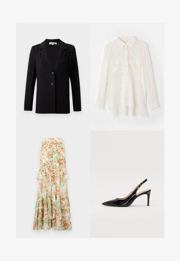 Blazer noir avec un col cranté, deux boutons à l'avant et des coutures ajustées. Fabriqué en tissu lisse avec des manches longues et une coupe structurée.; Chemise blanche à boutons en tissu léger. Présente un col classique, deux poches poitrine et un ourlet arrière légèrement plus long.; Jupe maxi florale avec un fond crème, imprimé de fleurs orange et vertes, couches froncées et design de taille ajustée.; Pompe slingback en cuir verni noir avec un bout pointu, un talon fin et un design de découpes subtil. Elle dispose d'une boucle dorée sur la sangle.