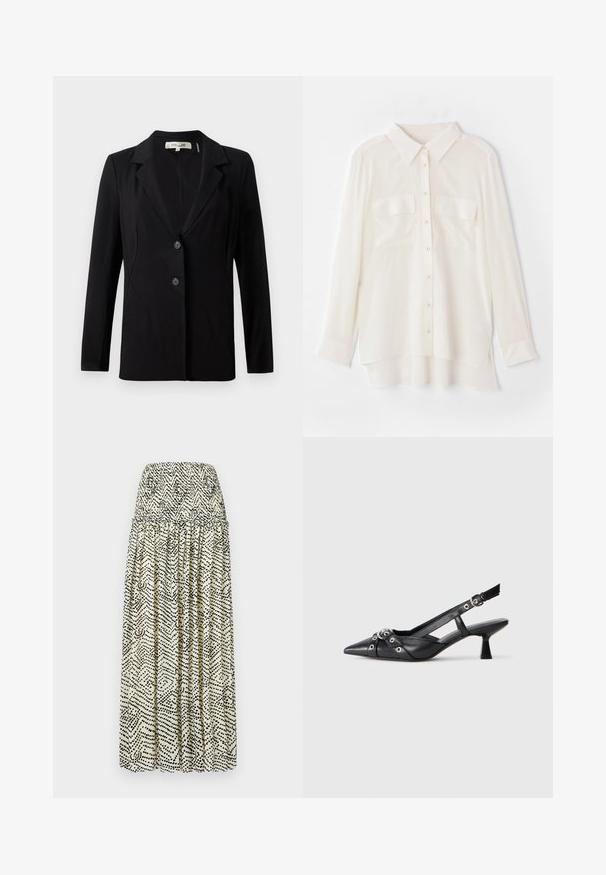 Melnā žakete ar izgrieztu apkakli, diviem priekšējiem pogām un piegriezuma šuvēm. Izgatavota no gludas auduma, ar garām piedurknēm un strukturētu piegriezumu.; Balts pogcaurais krekls, kas izgatavots no viegla auduma. Iespējas klasiskā apkakle, divas krūšu kabatas un nedaudz garāka aizmugurējā mala.; Kremais maxi svārki ar melnu abstraktu rakstu. Iekļauj smagotu jostu, krokotu dizainu un plūstošu siluetu.; Melnas ādas šlipsveida kurpes ar norādītu purngalu, dekoratīvām joslām ar metāla acīm un zemu bloku papēdi. Teksturēta virsma.