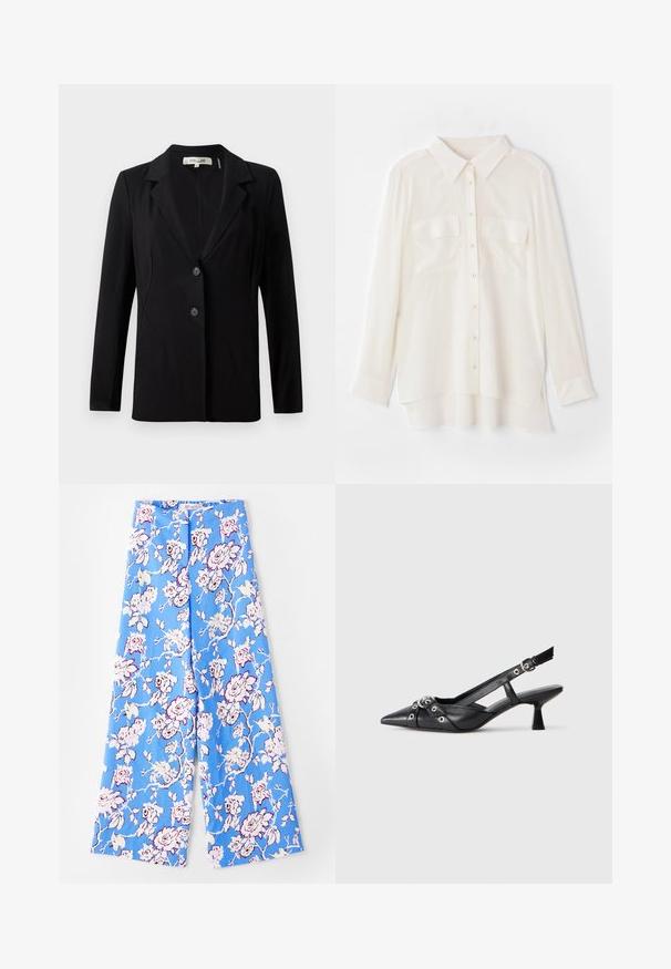 Black blazer featuring a notched collar, two front buttons, and tailored seams. Made of smooth fabric with long sleeves and a structured fit.; White button-up shirt made of lightweight fabric. Features a classic collar, two chest pockets, and a slightly longer back hem.; Blue floral pants featuring a pastel rose pattern. The fabric is smooth with a relaxed fit, wide legs, and an elastic waistband.; Black leather slingback shoe with a pointed toe, decorative straps featuring metal eyelets, and a low block heel. Textured surface.