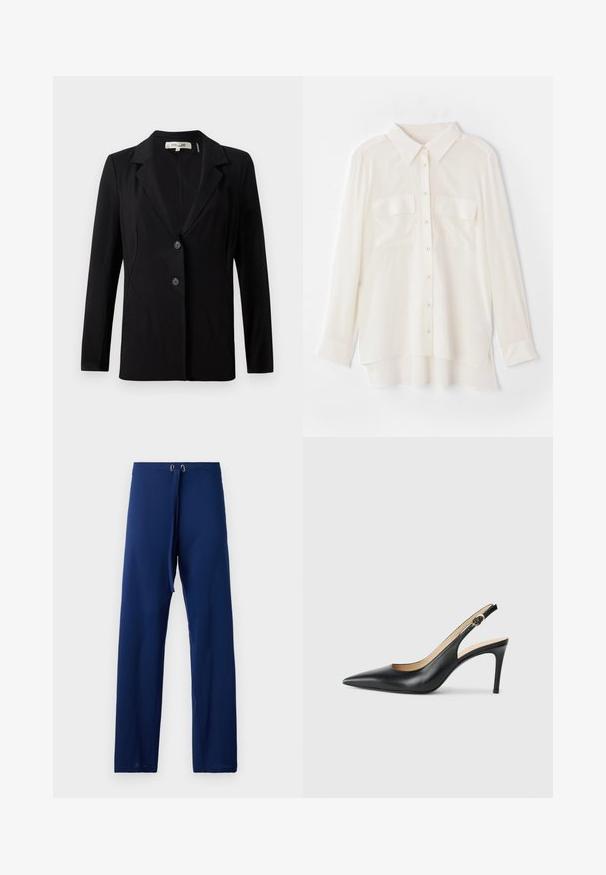 Fekete blézer, amelynek hajtott gallérja, két elülső gombja és szabott varrásai vannak. Simára szőtt anyagból készült, hosszú ujjú és strukturált fazonnal rendelkezik.; Könnyű anyagból készült fehér gombos ing. Klasszikus gallérral, két mellzsebbel, és enyhén hosszabb hátsó szegéllyel rendelkezik.; Sötétkék, laza fitneszű nadrág, sima anyagból készült. Húzózsinórral ellátott derék és aranyszínű szemek a beállításhoz.; Fekete bőrből készült, hegyes orrú, állítható pánttal rendelkező magassarkú szandál, elegáns tűsarokkal, sima felülettel.
