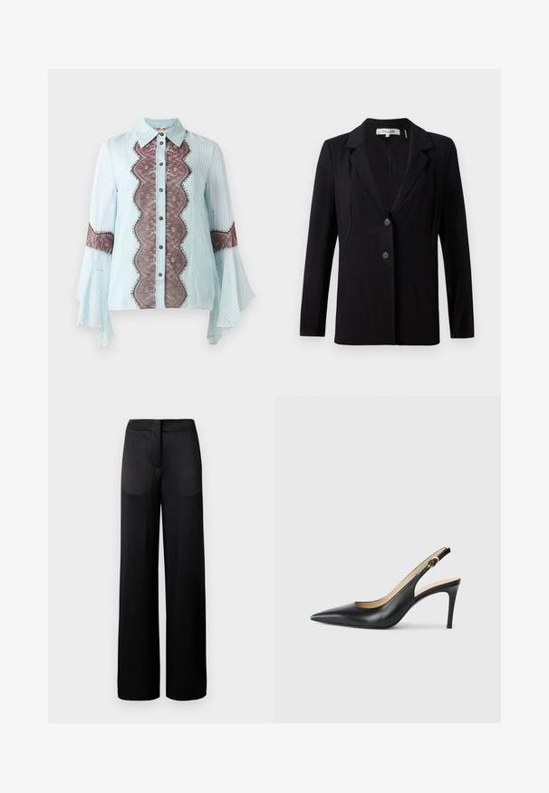 Čierny blazer s klopovým golierom, dvoma prednými gombíkmi a upravenými švami. Vyrobený z hladkej tkaniny, s dlhými rukávmi a štruktúrovaným strihom.; Svetlomodrá blúzka s hnedým čipkovým akcentom a pruhovaným vzorom. Má špicatý golier, zapínanie na gombíky a rozšírené rukávy.; Široké čierne nohavice s textúrovaným povrchom, obsahujúce plochý pás a dve bočné vrecká. Tkanina vyzerá ľahko a priedušne.; Čierne kožené lodičky na odkryté päte s špicatou špičkou, nastaviteľným pásikom a elegantným ihlovým podpätkom, s hladkým povrchom.