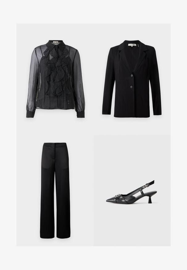 Musta bleiseri, jossa on lovellinen kaulus, kaksi etupainiketta ja muotoillut saumat. Valmistettu sileästä kankaasta, pitkät hihat ja rakenteellinen istuvuus.; Musta läpikuultava paita, jossa on pystysuorat valkoiset raidat, rypytetty etuosa, pitkät hihat ja tavallinen kaulus. Pehmeä rakenne napituskiinnityksellä.; Lantio leveämustat housut, joissa on teksturoitu pinta. Niissä on litteä vyötärö ja kaksi sivutaskua. Kangas näyttää kevyeltä ja valuvalta.; Mustat nahkakengät, joissa on avonainen takaosa ja kärjessä terävä muoto, koristevyöt, joissa on metalliset reiät, sekä matala lohkoepohja. Teksturoitu pinta.