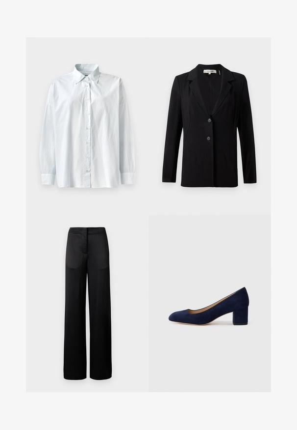 Blazer preto com colarinho em corte a direito, dois botões frontais e costuras ajustadas. Feito de tecido suave, com mangas compridas e um corte estruturado.; Camisa azul clara com botão, colarinho clássico, mangas longas e um ajuste descontraído. Feita de um tecido suave com um leve brilho.; Calças largas pretas com uma superfície texturada, apresentando uma cintura plana e dois bolsos laterais. O tecido parece leve e fluido.; Salgados de camurça azul-marinho com bico fino e um salto quadrado de altura média. Textura suave com um ligeiro brilho e um pequeno corte na parte da frente.