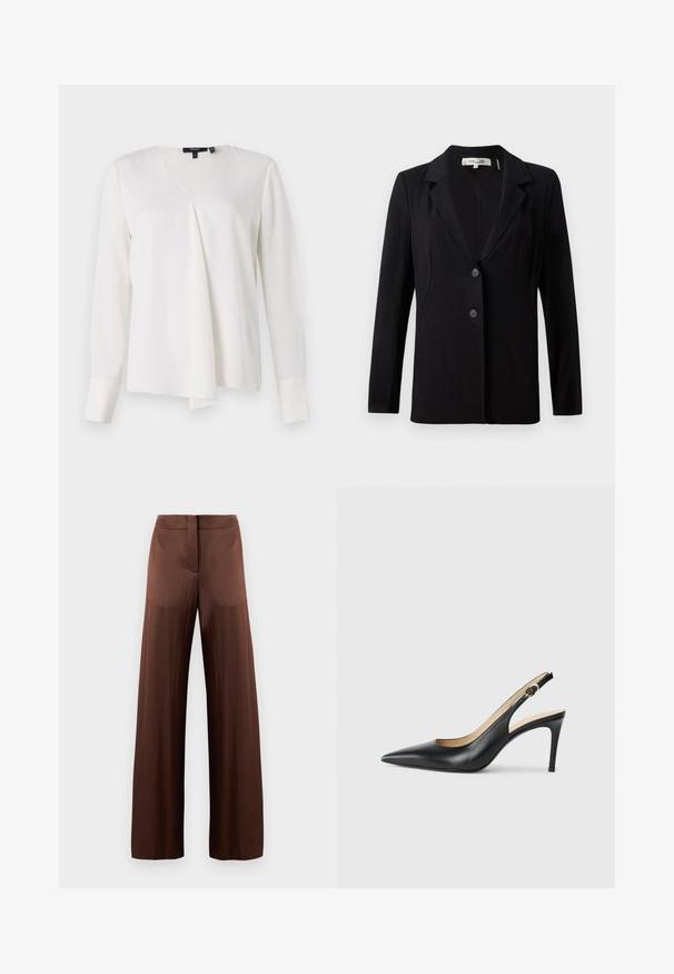 Blazer nero con colletto a punta, due bottoni frontali e cuciture sartoriali. Realizzato in tessuto liscio con maniche lunghe e una vestibilità strutturata.; Camicia bianca a maniche lunghe con scollatura a V, caratterizzata da un davanti drappeggiato, una texture liscia e polsini strutturati. Stile semplice e versatile.; Pantaloni larghi marroni realizzati in tessuto liscio e leggero, con frontale piatto, senza tasche e dalla silhouette dritta.; Slingback in pelle nera con i tacchi alti a punta, cinturino regolabile e tacco a spillo elegante, caratterizzati da una finitura liscia.