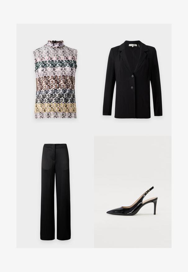 Blazer nero con colletto a punta, due bottoni frontali e cuciture sartoriali. Realizzato in tessuto liscio con maniche lunghe e una vestibilità strutturata.; Top senza maniche con un alto colletto arricciato, caratterizzato da strisce orizzontali di pizzo floreale multicolore nei colori rosa, verde, marrone e giallo.; Pantaloni neri a gamba larga con superficie texture, dotati di vita piatta e due tasche laterali. Il tessuto sembra leggero e fluente.; Pumps slingback in pelle verniciata nera con punta affilata, tacco sottile e un design con ritagli delicati. Caratterizzate da una fibbia dorata sul cinturino.
