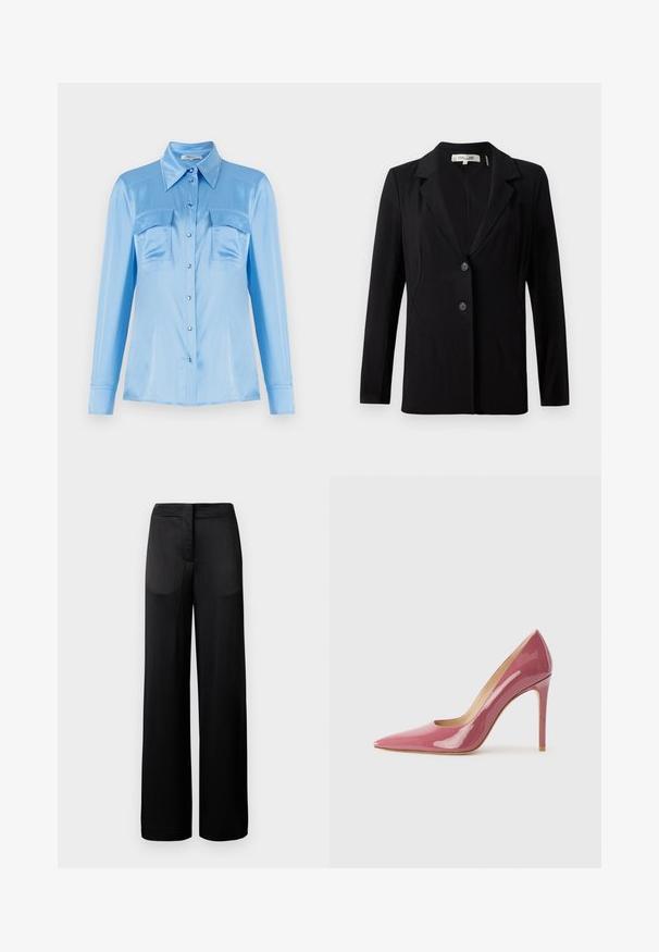 Blazer preto com colarinho em corte a direito, dois botões frontais e costuras ajustadas. Feito de tecido suave, com mangas compridas e um corte estruturado.; Camisa de botão em satin azul claro com mangas longas, dois bolsos frontais e gola pontuda. Apresenta botões perolados e uma textura suave.; Calças largas pretas com uma superfície texturada, apresentando uma cintura plana e dois bolsos laterais. O tecido parece leve e fluido.; Sapatilha de salto alto em couro patente rosa, com bico fino e silhueta elegante, apresentando um detalhe recortado e um salto agulha.