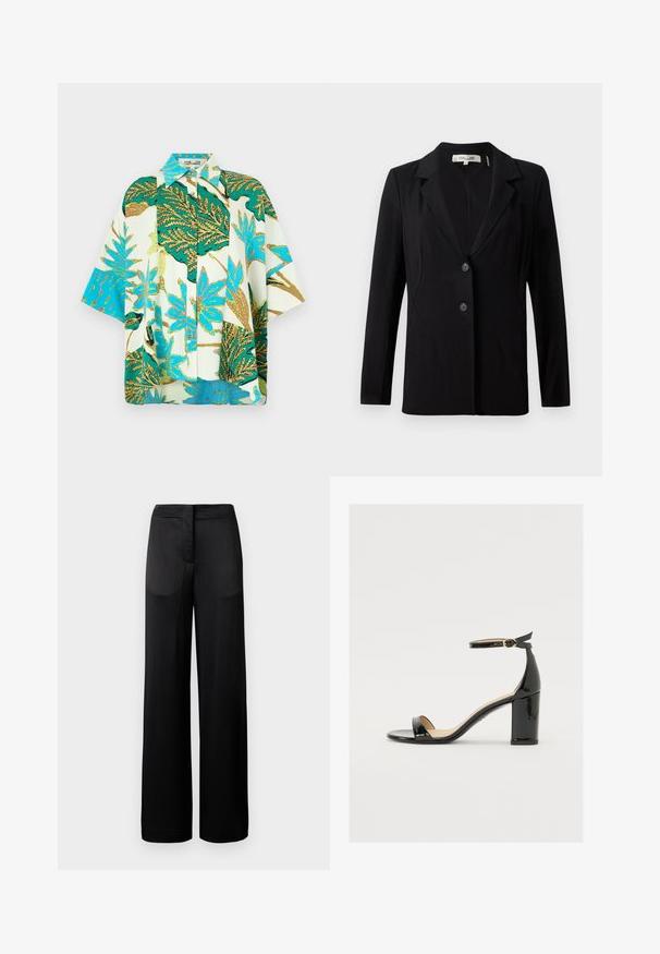 Musta bleiseri, jossa on lovellinen kaulus, kaksi etupainiketta ja muotoillut saumat. Valmistettu sileästä kankaasta, pitkät hihat ja rakenteellinen istuvuus.; Lyhythihainen kukkapaidan, jossa on elävä vihreä, sininen ja valkoinen lehtikuosi, napit edessä ja rento leikkaus.; Lantio leveämustat housut, joissa on teksturoitu pinta. Niissä on litteä vyötärö ja kaksi sivutaskua. Kangas näyttää kevyeltä ja valuvalta.; Mustat patenttinahtiset sandaalit, joissa on leveä korko, avoin varvas ja nilkkahihna, jossa on kultainen solki. Suora pinta ja tyylikäs muotoilu.