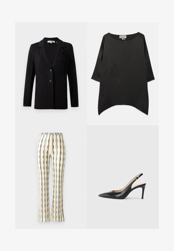 Blazer negro con cuello de muesca, dos botones frontales y costuras entalladas. Confeccionado en tela suave, con mangas largas y un ajuste estructurado.; Blusa negra de gran tamaño con cuello redondo, mangas tres cuartos y una tela fluida y texturizada. Presenta un dobladillo curvado y un diseño minimalista.; Pantalones acampanados en un tejido texturizado con rayas verticales en colores azul, marrón, verde y amarillo, con una cinturilla a rayas.; Tacones altos negros de cuero con tirantes, punta afilada, correa ajustable y un elegante tacón de aguja, con un acabado suave.