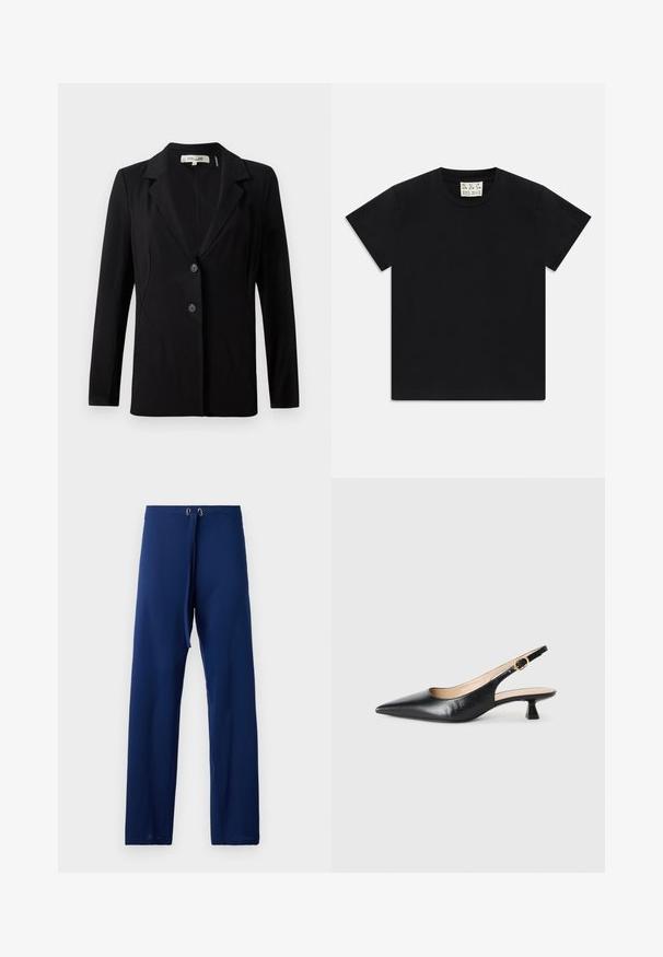Czarna marynarka z klapami, dwoma przednimi guzikami i dopasowanymi szwami. Wykonana z gładkiego materiału, z długimi rękawami i strukturalnym krojem.; Czarny t-shirt z krótkim rękawem i okrągłym dekoltem, z białą metką wewnątrz kołnierza oznaczoną "D.R.C. EST. 2002" na białym tle.; Granatowe spodnie o luźnym kroju, wykonane z gładkiego materiału. Posiadają elastyczny pas ze sznurkiem i złote oczka do regulacji.; Czarny skórzany but na obcasie typu kitten heel z odkrytym piętą, o spiczastym nosku i złotym zapięciu na boku, na białym tle.