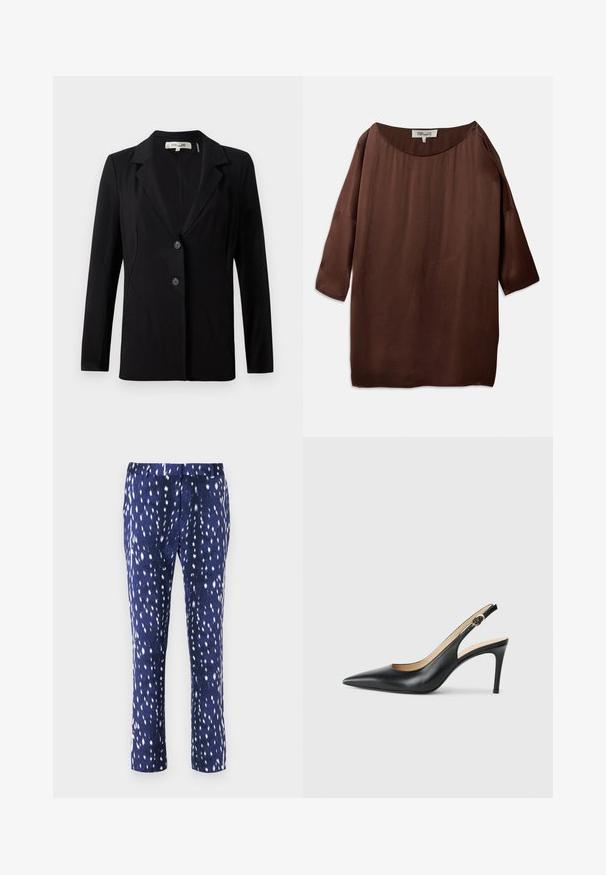 Zwarte blazer met een notch-kraag, twee knopen aan de voorkant en getailleerde naden. Gemaakt van een gladde stof met lange mouwen en een gestructureerde pasvorm.; Bruine, los zittende blouse met een brede bootnek en driekwartmouwen, gemaakt van een gladde, gestructureerde stof. De top heeft subtiele kreukels.; Marineblauwe broek met een gladde textuur, voorzien van een gespikkeld wit ontwerp en een rechte pasvorm. Ideaal voor casual of semi-formele kleding.; Zwarte leren slingback-hakken met een spitse neus, verstelbare band en een elegante stiletto-hak, met een gladde afwerking.