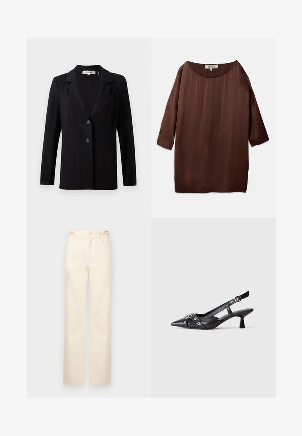 Blazer preto com colarinho em corte a direito, dois botões frontais e costuras ajustadas. Feito de tecido suave, com mangas compridas e um corte estruturado.; Blusa castanha, larga e solta, com um amplo decote à barco e mangas três quartos, feita de um tecido liso e texturizado. O topo apresenta rugas subtis.; Rabanne Calças de ganga de perna direita - off white denim; Sapato slingback em couro preto com biqueira fina, tiras decorativas com ilhós de metal e um pequeno salto quadrado. Superfície texturizada.