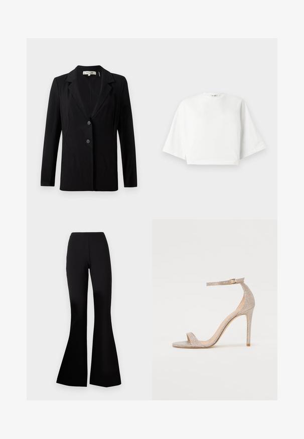 Blazer negru cu guler decupat, două butoane frontale și cusături ajustate. Fabricat dintr-un material neted, cu mâneci lungi și o croială structurată.; Tricou alb scurt, cu croială lejeră, mâneci scurte și lățite, de gât rotund și crăpături laterale, realizat din material de bumbac moale.; Diane von Furstenberg GREGORY PANTS - Pantaloni - black; Sandale cu toc înalt, cu curelușe, de culoare aurie metalizată, având un toc texturat, vârful deschis și curea pe gleznă cu detalii din aur.