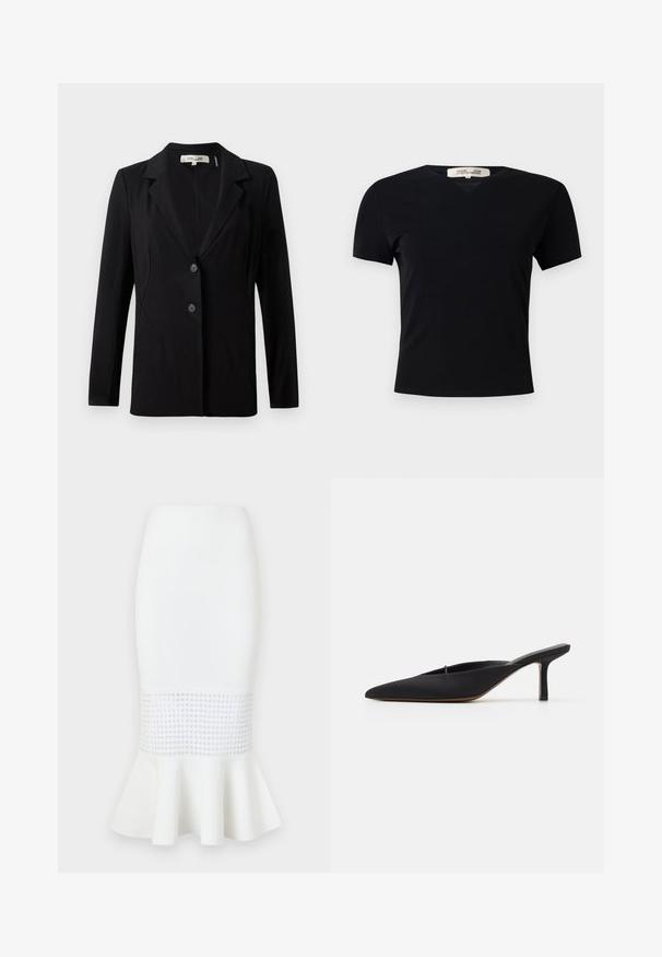 Zwarte blazer met een notch-kraag, twee knopen aan de voorkant en getailleerde naden. Gemaakt van een gladde stof met lange mouwen en een gestructureerde pasvorm.; Zwarte T-shirt met korte mouwen en V-halsontwerp, gemaakt van een gladde, rekbare stof. Kenmerkt zich door een eenvoudige, klassieke silhoutte zonder versieringen.; Witte midi rok gemaakt van ribbels stof, met een gaaspaneel aan de zoom en een uitlopende onderkant. Glad textuur met ronde uitsparingen.; Zwarte muiltje met spitse neus en een strak ontwerp, gemaakt van gladde stof, met een slanke hak en open achterkant voor gemakkelijk aan- en uittrekken.