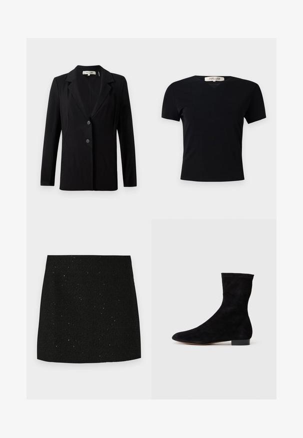 Melnā žakete ar izgrieztu apkakli, diviem priekšējiem pogām un piegriezuma šuvēm. Izgatavota no gludas auduma, ar garām piedurknēm un strukturētu piegriezumu.; Melnā īsām piedurknēm t-krekls ar V-veida kakla izgriezumu, izgatavots no gluda, elastīga auduma. Piedāvā vienkāršu, klasisku siluetu bez rotājumiem.; Melnas teksturētas mini svārku ar smalkiem spīdīgiem punktiņiem, taisni griezums un bez redzamām rotājumiem vai rakstiem.; Melnas zamšādas potīšu zābaki ar piegulošu kāju daļu, smailu purngalu un zemu bloku papēdi. Gluda tekstūra un minimālistisks dizains, piemērots dažādai stilizācijai.