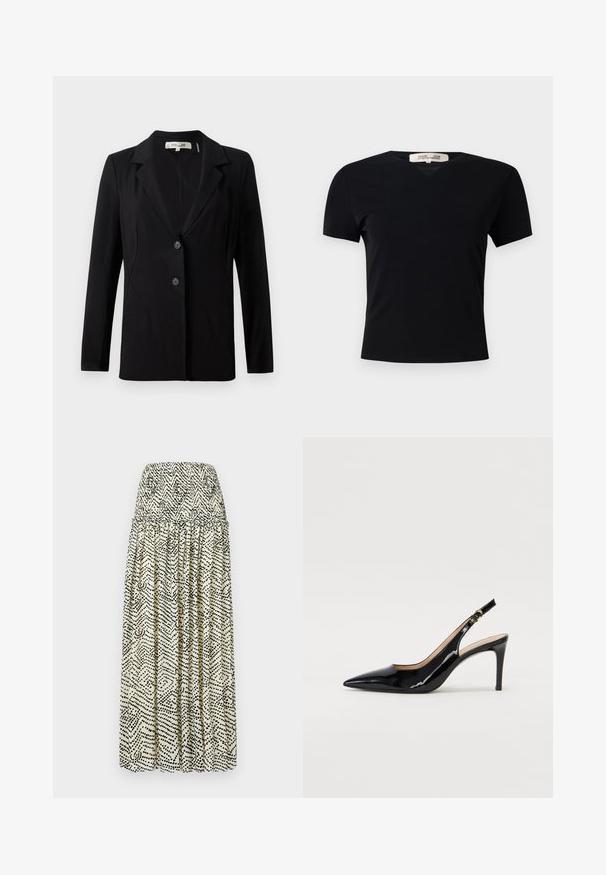 Black blazer featuring a notched collar, two front buttons, and tailored seams. Made of smooth fabric with long sleeves and a structured fit.; Black short-sleeve t-shirt with a V-neck design, made of a smooth, stretchy fabric. Features a simple, classic silhouette without embellishments.; Maxi skirt in cream with a black abstract pattern. Features a smocked waistband, pleated design, and a flowing silhouette.; Black patent leather slingback pump with pointed toe, slim heel, and a subtle cutout design. Features a gold buckle on the strap.