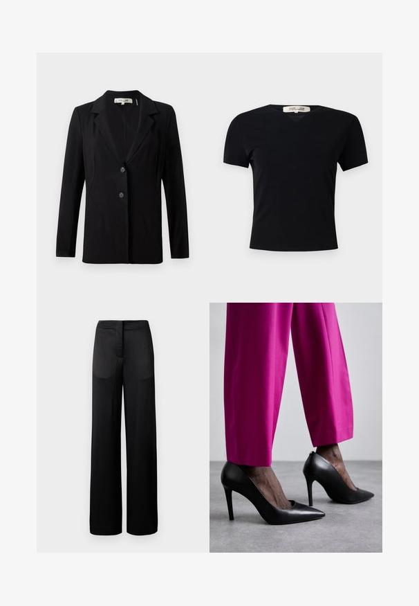 Blazer negru cu guler decupat, două butoane frontale și cusături ajustate. Fabricat dintr-un material neted, cu mâneci lungi și o croială structurată.; Tricou negru, cu mânecă scurtă, de tip V, confecționat dintr-un material neted și elastic. Prezintă o siluetă simplă, clasică, fără embellishments.; Pantaloni negri cu croială largă, cu o suprafață texturată, având un tiv plat și două buzunare laterale. Țesătura pare ușoară și fluidă.; Pantofi cu toc înalt negri, cu un design cu vârf ascuțit și o textură netedă din piele. Asortați cu pantaloni roz aprins, tăiați pe măsură.