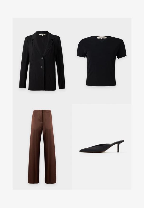 Black blazer featuring a notched collar, two front buttons, and tailored seams. Made of smooth fabric with long sleeves and a structured fit.; Black short-sleeve t-shirt with a V-neck design, made of a smooth, stretchy fabric. Features a simple, classic silhouette without embellishments.; Brown wide-leg trousers made of smooth, lightweight fabric, featuring a flat front, no pockets, and a straight silhouette.; Black pointed-toe mule with a sleek design, made of smooth fabric, featuring a slender heel and open back for easy wear.
