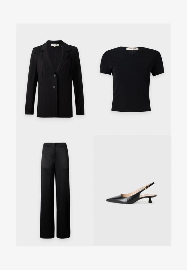 Musta bleiseri, jossa on lovellinen kaulus, kaksi etupainiketta ja muotoillut saumat. Valmistettu sileästä kankaasta, pitkät hihat ja rakenteellinen istuvuus.; Mustasa lyhythihainen t-paita V-kaula-aukolla, valmistettu sileästä ja joustavasta kankaasta. Ominaisuuksiin kuuluu yksinkertainen, klassinen siluetti ilman koristeita.; Lantio leveämustat housut, joissa on teksturoitu pinta. Niissä on litteä vyötärö ja kaksi sivutaskua. Kangas näyttää kevyeltä ja valuvalta.; Mustekalla mokkanahkalenkkari, jossa on terävä kärki ja kultasolki sivuhihnassa, valkoisella taustalla.