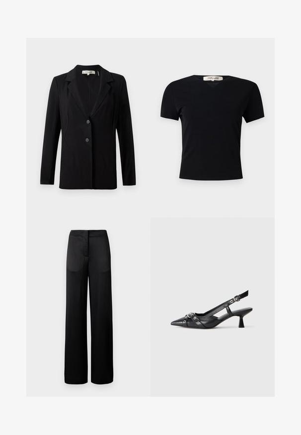 Zwarte blazer met een notch-kraag, twee knopen aan de voorkant en getailleerde naden. Gemaakt van een gladde stof met lange mouwen en een gestructureerde pasvorm.; Zwarte T-shirt met korte mouwen en V-halsontwerp, gemaakt van een gladde, rekbare stof. Kenmerkt zich door een eenvoudige, klassieke silhoutte zonder versieringen.; Zwarte wijdvallende broek met een gestructureerd oppervlak, voorzien van een platte tailleband en twee zijzakken. De stof lijkt licht en vloeiend.; Zwarte leren slingback schoen met een puntige neus, decoratieve banden met metalen oogjes en een lage blokhak. Textuur oppervlak.