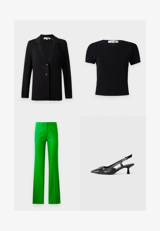 Čierny blazer s klopovým golierom, dvoma prednými gombíkmi a upravenými švami. Vyrobený z hladkej tkaniny, s dlhými rukávmi a štruktúrovaným strihom.; Čierne tričko s krátkym rukávom a výstrihom do V, vyrobené z hladkej, elastickej textílie. Má jednoduchý, klasický strih bez zdobenia.; Jasne zelené, rozšírené nohavice vyrobené z hladkej látky, s plochým predným dielom a bez viditeľných vreciek. Čistý, minimalistický dizajn.; Čierne kožené slingback topánky s špicatou špičkou, ozdobnými popruhmi s kovovými očkami a nízkym blokovým podpätkom. Textúrovaný povrch.