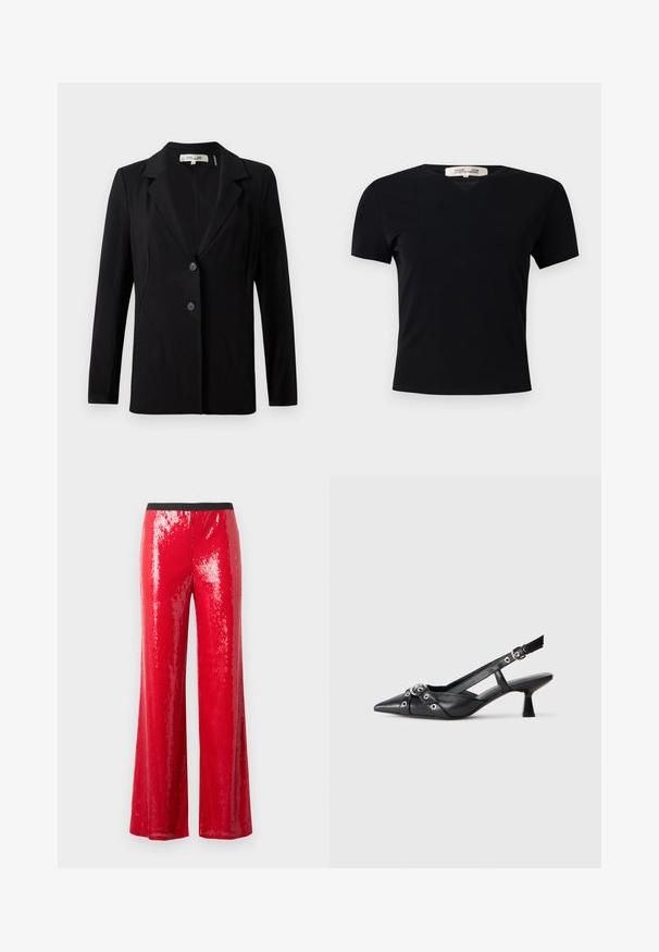 Zwarte blazer met een notch-kraag, twee knopen aan de voorkant en getailleerde naden. Gemaakt van een gladde stof met lange mouwen en een gestructureerde pasvorm.; Zwarte T-shirt met korte mouwen en V-halsontwerp, gemaakt van een gladde, rekbare stof. Kenmerkt zich door een eenvoudige, klassieke silhoutte zonder versieringen.; Rode paillettenbroek met een wijduitlopende pasvorm en een zwarte tailleband. Het heeft glinsterende pailletten die de hele stof bedekken voor een geweven uitstraling.; Zwarte leren slingback schoen met een puntige neus, decoratieve banden met metalen oogjes en een lage blokhak. Textuur oppervlak.
