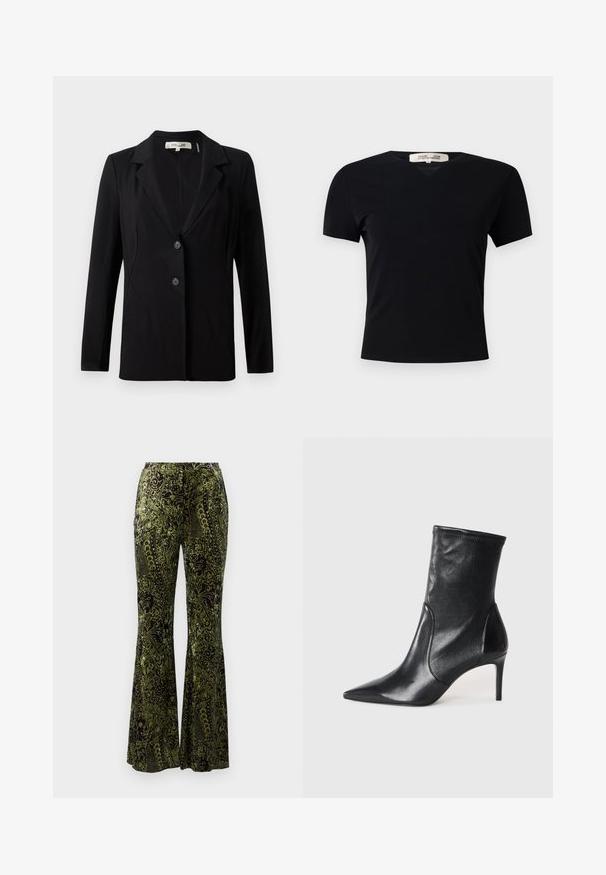 Black blazer featuring a notched collar, two front buttons, and tailored seams. Made of smooth fabric with long sleeves and a structured fit.; Black short-sleeve t-shirt with a V-neck design, made of a smooth, stretchy fabric. Features a simple, classic silhouette without embellishments.; Diane von Furstenberg RUTHETTE PANTS - Trousers - green; Black ankle boots made of smooth leather, featuring a pointed toe, fitted shaft, and a slim high heel. Minimalist design with no visible hardware.