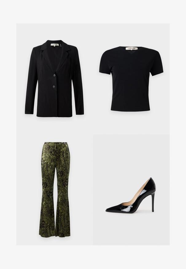 Sort blazer med slagkrave, to forreste knapper og skræddersyede sømme. Lavet af glat stof med lange ærmer og en struktureret pasform.; Sort kortærmet t-shirt med V-halsdesign, lavet af et glat, strækbart stof. Har en enkel, klassisk silhuet uden udsmykninger.; Diane von Furstenberg RUTHETTE PANTS - Bukser - green; Sorte lakerede højhælede sko med en spids tå-design og en strømlinet silhuet. Har en glat, skinnende finish og en slank stiletto-hæl.