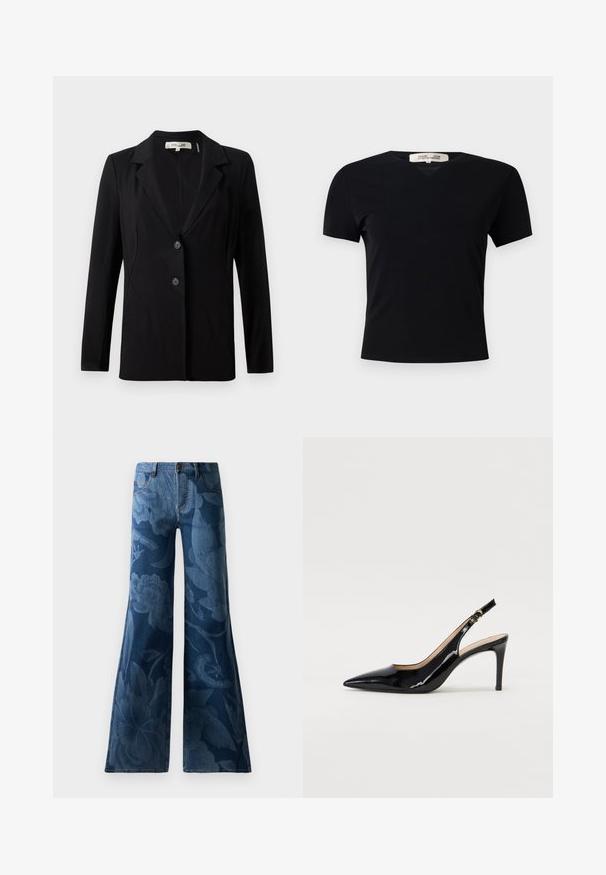 Fekete blézer, amelynek hajtott gallérja, két elülső gombja és szabott varrásai vannak. Simára szőtt anyagból készült, hosszú ujjú és strukturált fazonnal rendelkezik.; Fekete, rövid ujjú póló V-nyakkivágással, sima, rugalmas anyagból készült. Egyszerű, klasszikus fazonnal rendelkezik, díszítések nélkül.; Sötétkék, bővülő szárú farmernadrág, melyen egyszínű virágminta található. Hagyományos, öt zsebes kialakítás, elöl gombbal és cipzárral záródik.; Fekete lakk bőr kötött magassarkú cipő, hegyes orral és karcsú sarokkal, finom kivágásos dizájnnal. Az övön arany csatt található.