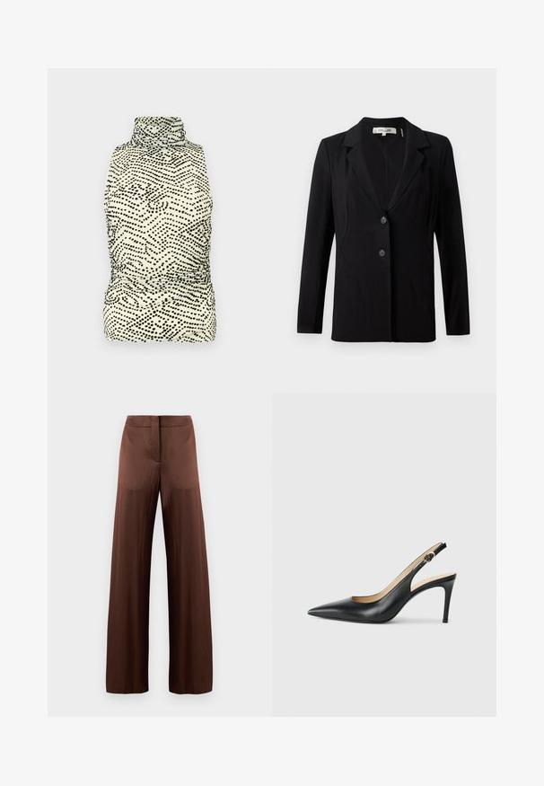 Fekete blézer, amelynek hajtott gallérja, két elülső gombja és szabott varrásai vannak. Simára szőtt anyagból készült, hosszú ujjú és strukturált fazonnal rendelkezik.; Feszes, ujjatlan felső magas nyakkal, krémszínű alapon fekete pöttyös hullámmintával; sima, rugalmas anyagból készült.; Barna, bő szárú nadrág sima, könnyű anyagból, lapos elülső résszel, zsebek nélkül és egyenes sziluettel.; Fekete bőrből készült, hegyes orrú, állítható pánttal rendelkező magassarkú szandál, elegáns tűsarokkal, sima felülettel.
