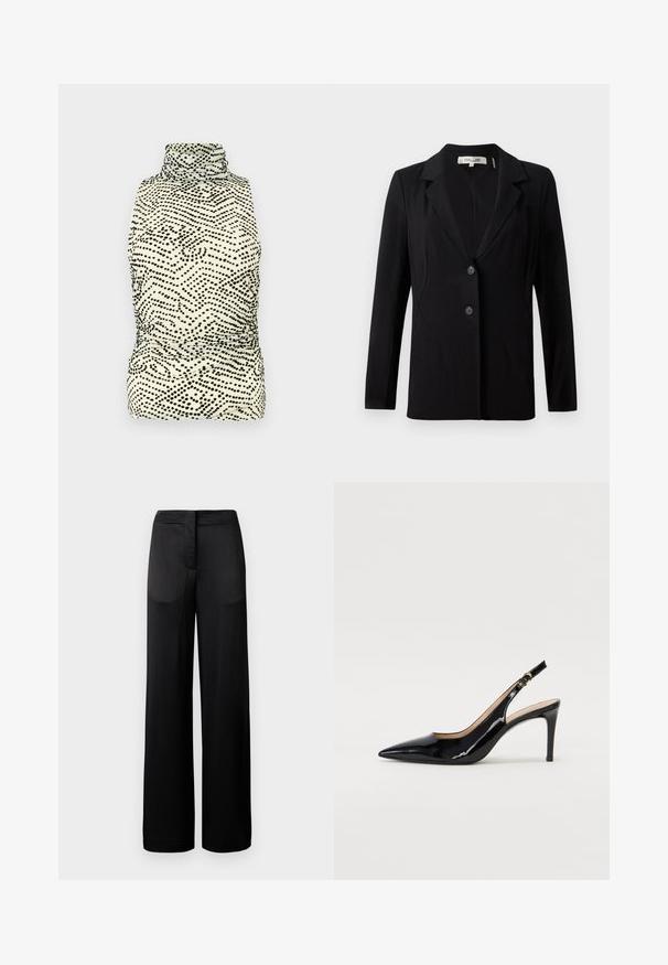 Černý blazer s výstřihem do V, dvěma předními knoflíky a přizpůsobenými švy. Vyroben z hladké látky, s dlouhými rukávy a strukturovaným střihem.; Úzký bezrukávový top s vysokým límcem, s krémovým základem a černým tečkovaným vlnitým vzorem; vyrobeno z hladké a elastické tkaniny.; Široké černé kalhoty s texturovaným povrchem, vybavené plochým pasem a dvěma bočními kapsami. Tkanina se zdá být lehká a splývavá.; Černé lakované slingback lodičky s špičatou špičkou, úzkým podpatkem a jemným výřezem. Obsahují zlatou sponu na řemínku.