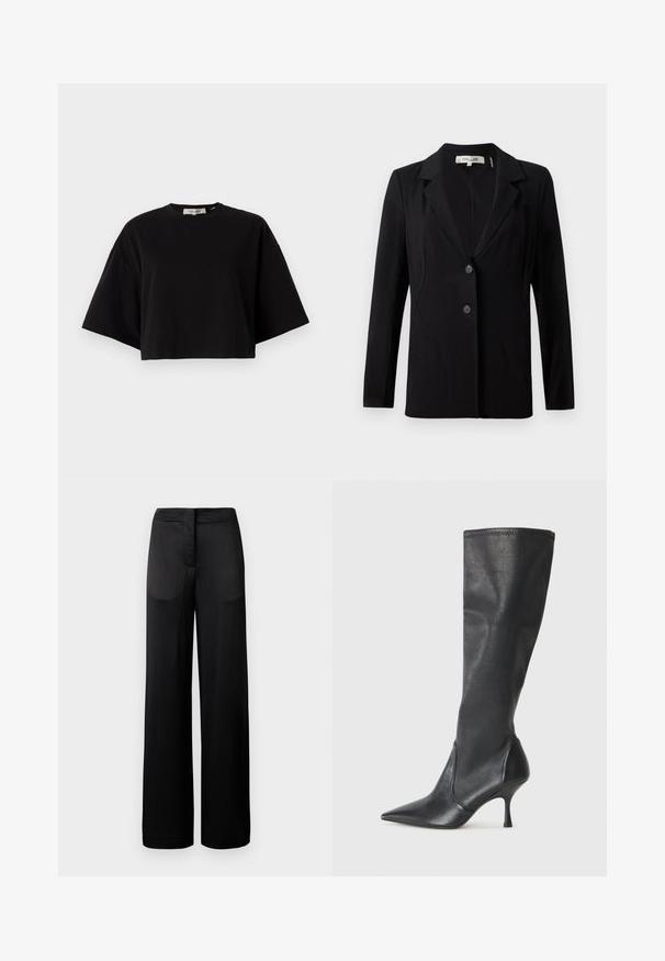 Černý blazer s výstřihem do V, dvěma předními knoflíky a přizpůsobenými švy. Vyroben z hladké látky, s dlouhými rukávy a strukturovaným střihem.; Černé zkrácené tričko vyrobené z bavlny, s kulatým výstřihem a krátkými širokými rukávy pro volný fit. Hladká textura, jednoduchý design.; Široké černé kalhoty s texturovaným povrchem, vybavené plochým pasem a dvěma bočními kapsami. Tkanina se zdá být lehká a splývavá.; Černé kožené vysoké boty do kolen s špičatou špičkou a štíhlým jehlovým podpatkem. Hladká textura s přiléhavým střihem a přešitím na horním okraji.