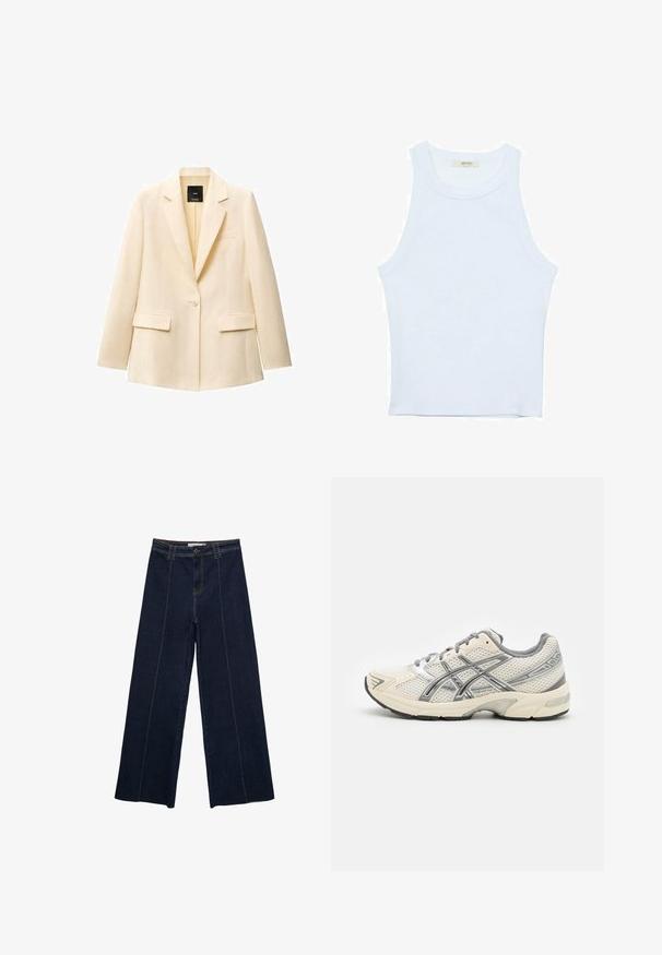 Krem blazer z odprtim ovratnikom, z enim gumbom na zapiranju, dvema sprednjima žepoma in žepom na prsih. Izdelan iz gladkega materiala z krojem, ki se prilega.; Bela majica bez rukavov, rebrasta tekstura, okrugli izrez, kroj koji prati tijelo, suptilno brendiranje na etiketi unutar ovratnika.; Široke temno jeans hlače z kontrastnim šivanjem, visok pas in ravno krojenje. Imajo sprednje žepe in klasično zapiranje s gumbom.; Tekstilne tekaške čevlje z zračnim belim mrežastim zgornjim delom, srebrnimi detajli, sivimi vezalkami in trdnim črnim gumijastim podplatom. Lahka, blazinjena oblika.