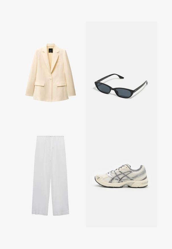 Krémový blejzr s klopovým límcem, zapínáním na jeden knoflík, dvěma předními kapsami a kapsou na hrudi. Vyrobený z hladkého materiálu s přiléhavým střihem.; Bílý krátký rukáv tričko vyrobené z bavlny. Má kulatý výstřih a volný střih. Hladký materiál bez viditelných vzorů nebo akcentů.; Bílé kalhoty s širokými nohavicemi vyrobené z lehkého materiálu, s elastickým pasem a šňůrkou pro nastavitelnou velikost.; Běžecké boty s prodyšným bílým síťovinovým svrškem, stříbrnými detaily, šedými tkaničkami a odolnou černou gumovou podrážkou. Lehký, polstrovaný design.; Černé sluneční brýle typu cat-eye s tmavými skly, plastovým rámem, úzkými nohami a jemným brandingem na vnitřní straně ramene. Matte povrchová textura.