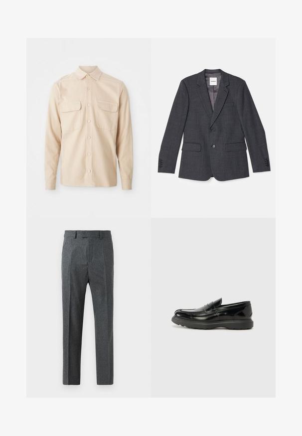 Blazer grigio su misura realizzato in tessuto intrecciato, con chiusura a singolo bottone, due tasche frontali e revers a punta.; Camicia beige a maniche lunghe realizzata in tessuto intrecciato, con due tasche sul petto, colletto a punta e chiusura frontale con bottoni. Texture liscia.; Pantaloni grigi su misura con un sottile motivo a quadri, design a gamba dritta e una texture del tessuto liscia. Presentano passanti per cintura e una chiusura con zip.; Mocassino in pelle nera con finitura lucida, punta arrotondata, dettagli di cucitura sottili e suola in gomma spessa per una maggiore durata.