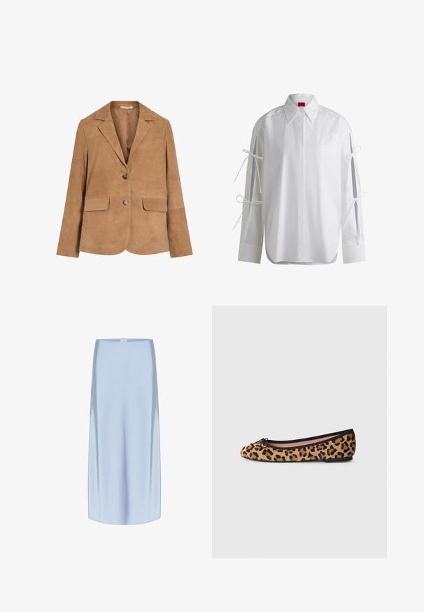Brown suede blazer with a notched lapel, single button closure, two front pockets, and a smooth texture.; White button-up shirt with long sleeves, featuring ribbon ties on the sleeves and a curved hem. Made of smooth cotton fabric.; Silk midi skirt in light blue, featuring a smooth, glossy texture, straight silhouette, and a subtle sheen. Hem falls just below the knee.; Leopard-print ballet flats with a rounded toe, black trim, and bow detail. Made from soft fabric with a smooth texture. Low-profile sole.