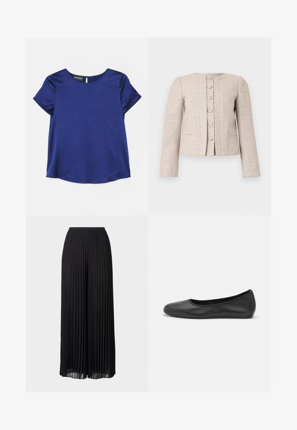Beige tweedblazer med rund halsringning, knäppning fram och långa ärmar. Har ett texturerat mönster och en subtil lyster.; Emporio Armani Blus - indigo; Svarta plisserade vida byxor med elastisk midja. Tillverkade av lättviktig tyg, med vertikala veck över hela byxorna.; Svart läderballerinaskor med rund tå, slät yta, minimala söm detaljer och en flexibel sula.