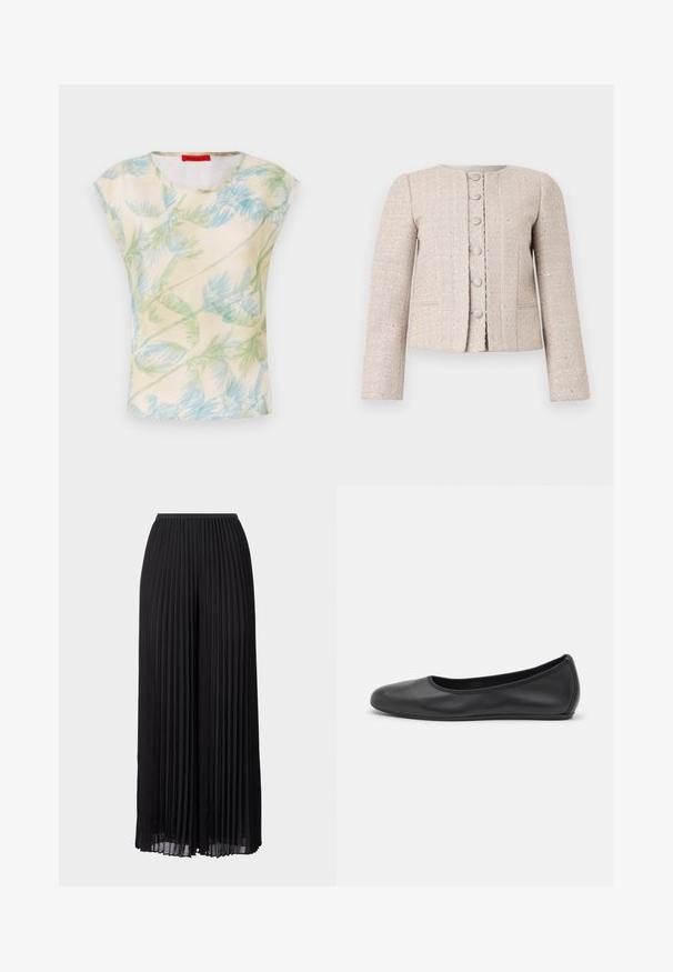 Blazer de tweed bege com gola redonda, fecho frontal por botão e mangas longas. Apresenta um padrão texturizado e um brilho sutil.; Top de manga curta em tecido leve com fundo creme apresentando um padrão de folhas de palmeira verdes e azuis. Decote redondo, corte descontraído.; Calças largas pregueadas pretas com um cós elástico. Feitas de um tecido leve, apresentam pregas verticais por toda a parte.; Bailarina preta em pele com bico arredondado, textura suave, detalhe de costura minimalista e design de sola flexível.