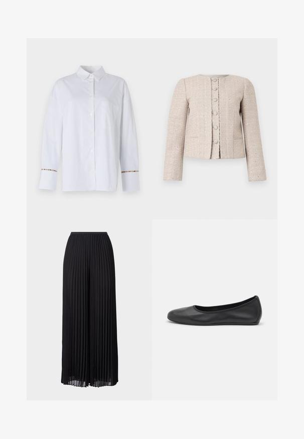 Beige tweed blazer with a round neckline, front button closure, and long sleeves. Features a textured pattern and subtle sheen.; White long-sleeve button-up shirt in smooth fabric, featuring a chest pocket and colorful striped accent at the cuffs.; Black pleated wide-leg trousers with an elastic waistband. Made of lightweight fabric, featuring vertical folds throughout.; Black leather ballet flat with a rounded toe, smooth texture, minimal stitching detail, and a flexible sole design.