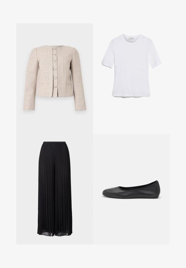 Μπεζ σακάκι από tweed με στρογγυλή λαιμόκοψη, εμπρόσθια κλείσιμο με κουμπιά και μακριά μανίκια. Περιλαμβάνει ένα υφασμάτινο σχέδιο και διακριτή γυαλάδα.; Άσπρο κοντομάνικο μπλουζάκι φτιαγμένο από ριγέ ύφασμα. Στρογγυλή λαιμόκοψη, κανονική εφαρμογή και διακριτές λεπτομέρειες ραφής. Χωρίς σχέδια ή γραφικά.; Μαύροι πλισέ παντελόνες με φαρδιά πόδια και ελαστική μέση. Φτιαγμένοι από ελαφρύ ύφασμα, με κάθετες πτυχές σε όλη την επιφάνεια.; Μαύρο δερμάτινο μπαλαρίνι με στρογγυλή μύτη, λεία υφή, ελάχιστες λεπτομέρειες ραφής και σχεδίαση ευέλικτης σόλας.