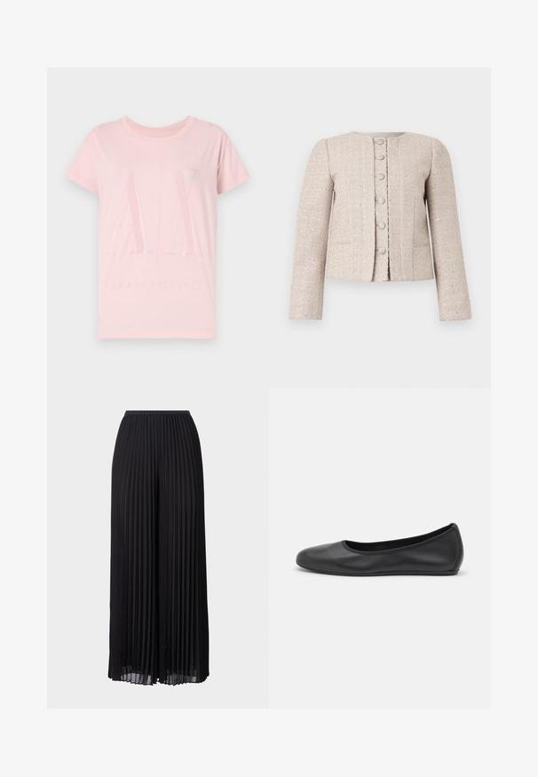 Bēša tvīda žakete ar apaļu kakla izgriezumu, priekšējo pogu aizdari un garām piedurknēm. Ievērojama ar teksturētu rakstu un vieglu spīdumu.; Rozā kokvilnas t-krekls ar īsām piedurknēm, ar spīdīgu "AX" logo un tekstu "ARMANI EXCHANGE" priekšpusē, noapaļota kakla izgriezuma.; Melnas platas bikses ar elastīgu jostasvietu. Izgatavotas no viegla auduma, ar vertikālām locījumiem visā garumā.; Melna ādas baleta kurpe ar noapaļotu purngalu, gludu tekstūru, minimālu šuvju detalizāciju un elastīgu zoles dizainu.